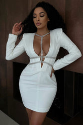 Robe de cocktail courte à manches longues et décolleté plongeant en V avec strass scintillants - Blanc